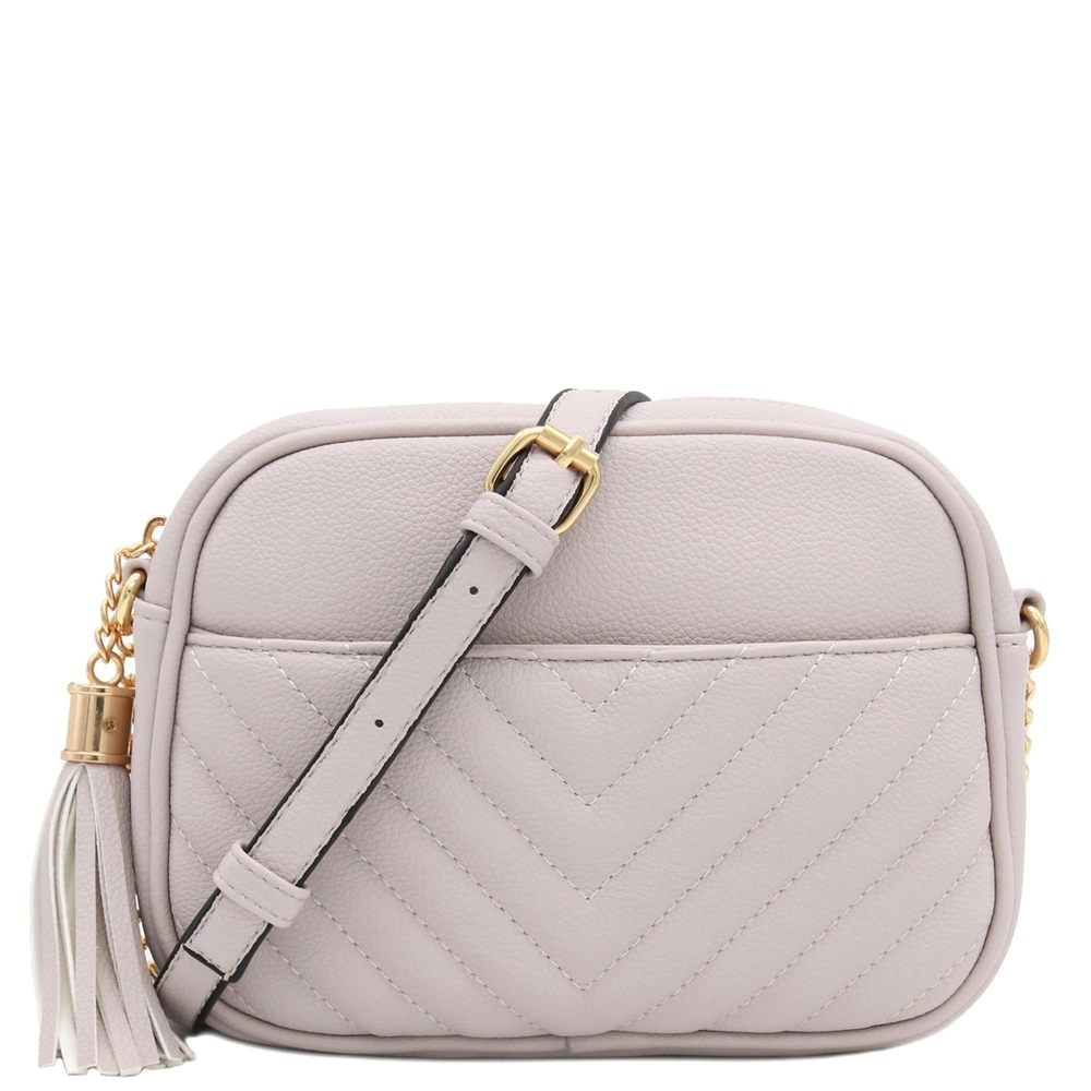 Chevron Quilted Crossbody Camera Bag With Chain Strap And Tassel Pale Grey xD